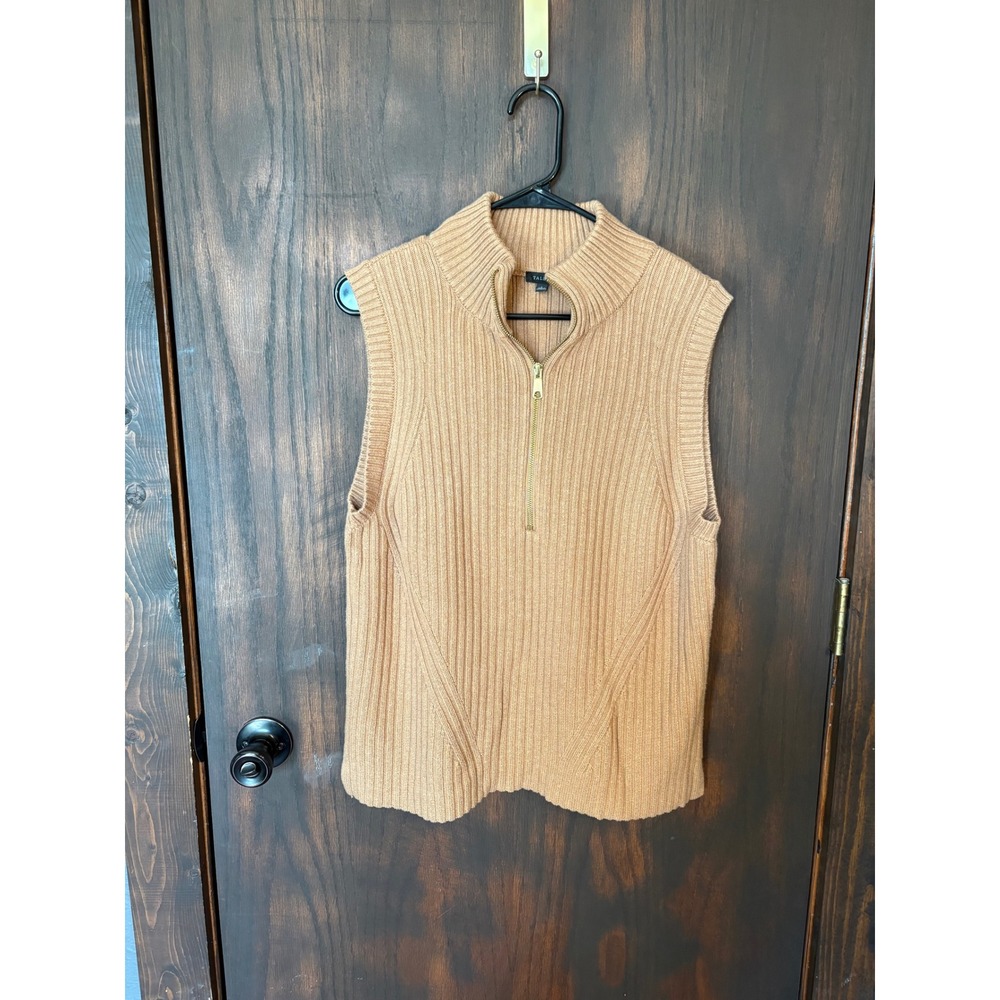 Talbots Womens Large Camel Tan Ribbed Quarter Zip Mock Neck Sweater Vest L